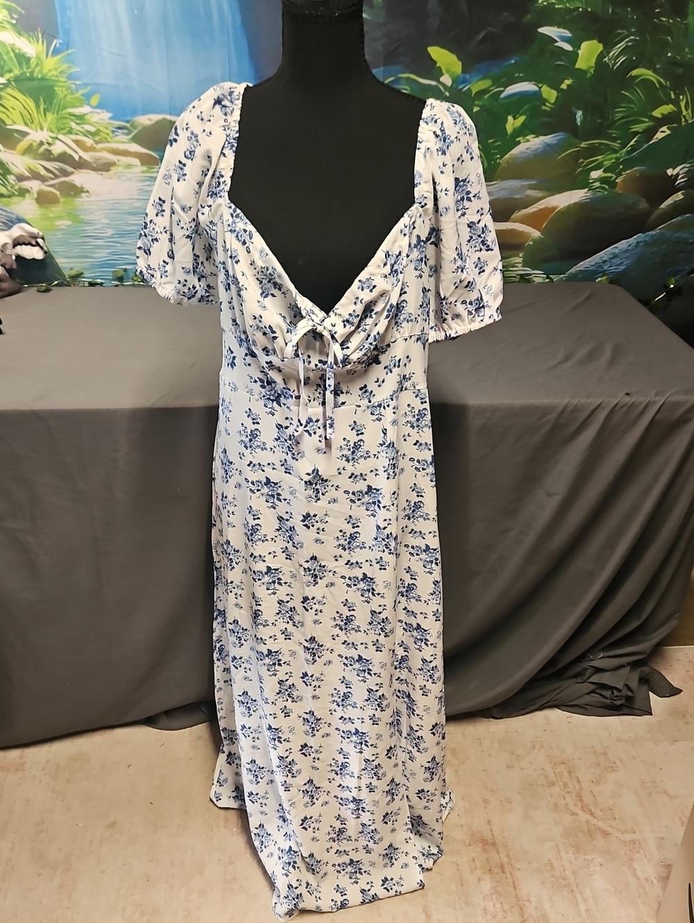 Blue Floral Tie-Front White Maxi Dress - Women's